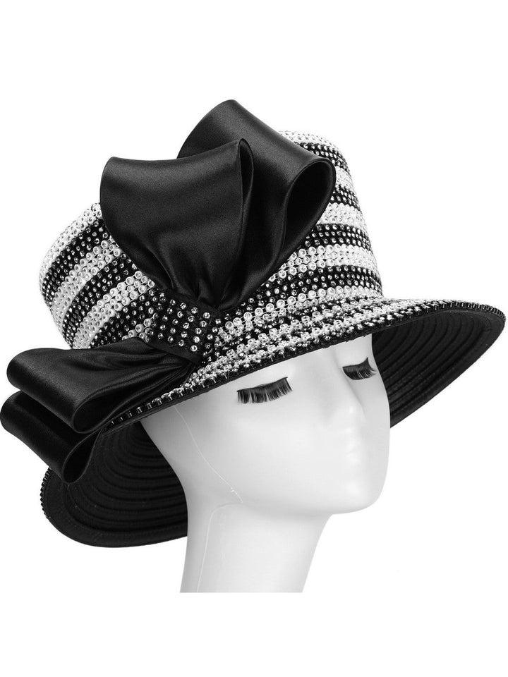 Rhinestone Striped Bow Wide-Brim Couture Hat