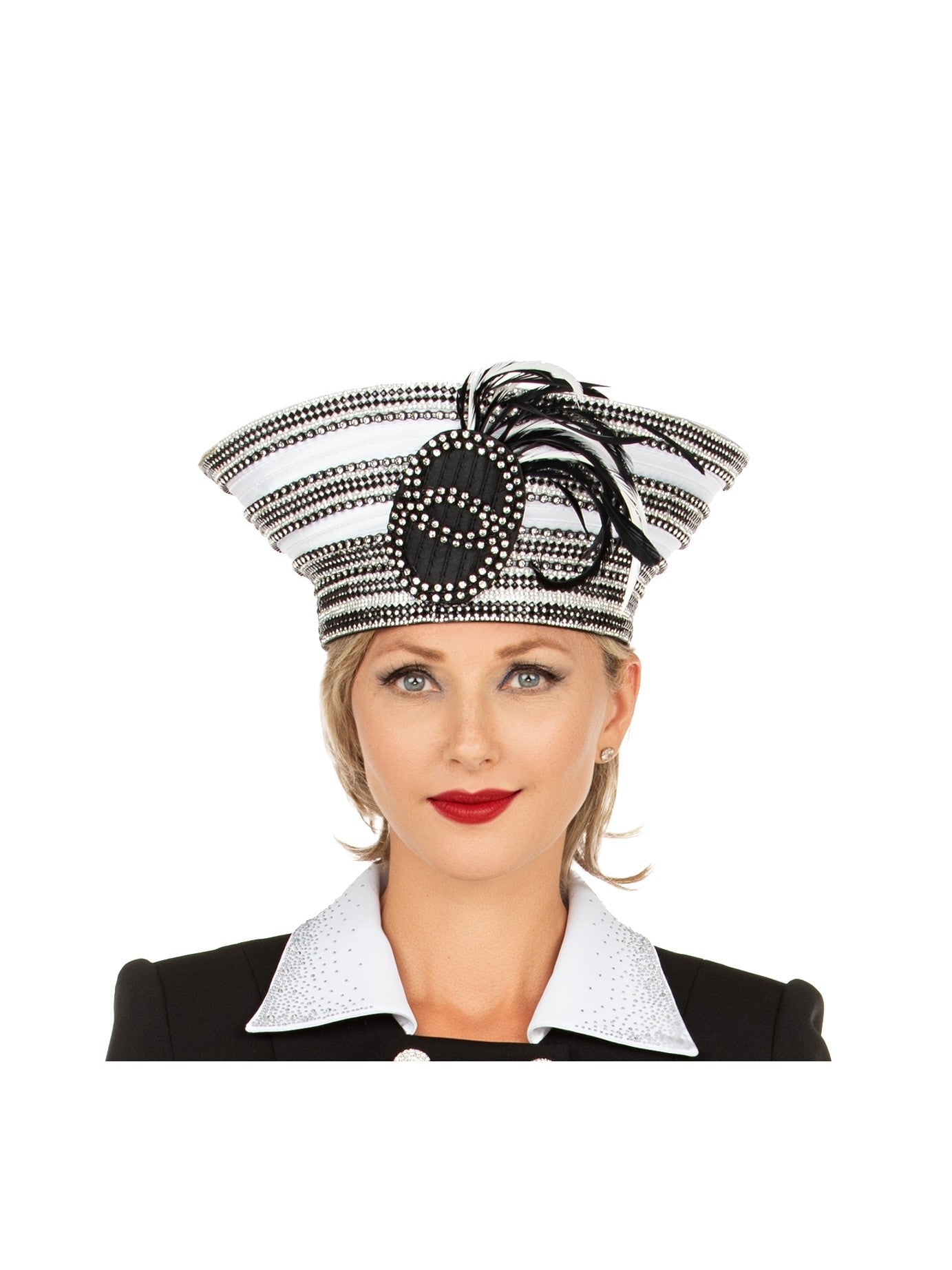 2-Tone Blk/Wht Pillbox Hat w/ Stones&Feather