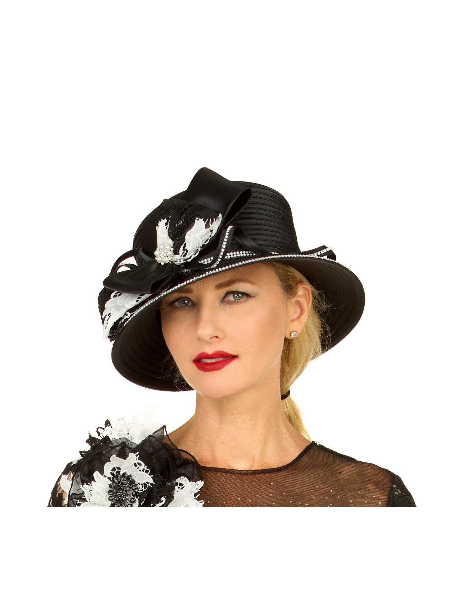 Black & White Lace Bow Wide Brim Church Hat