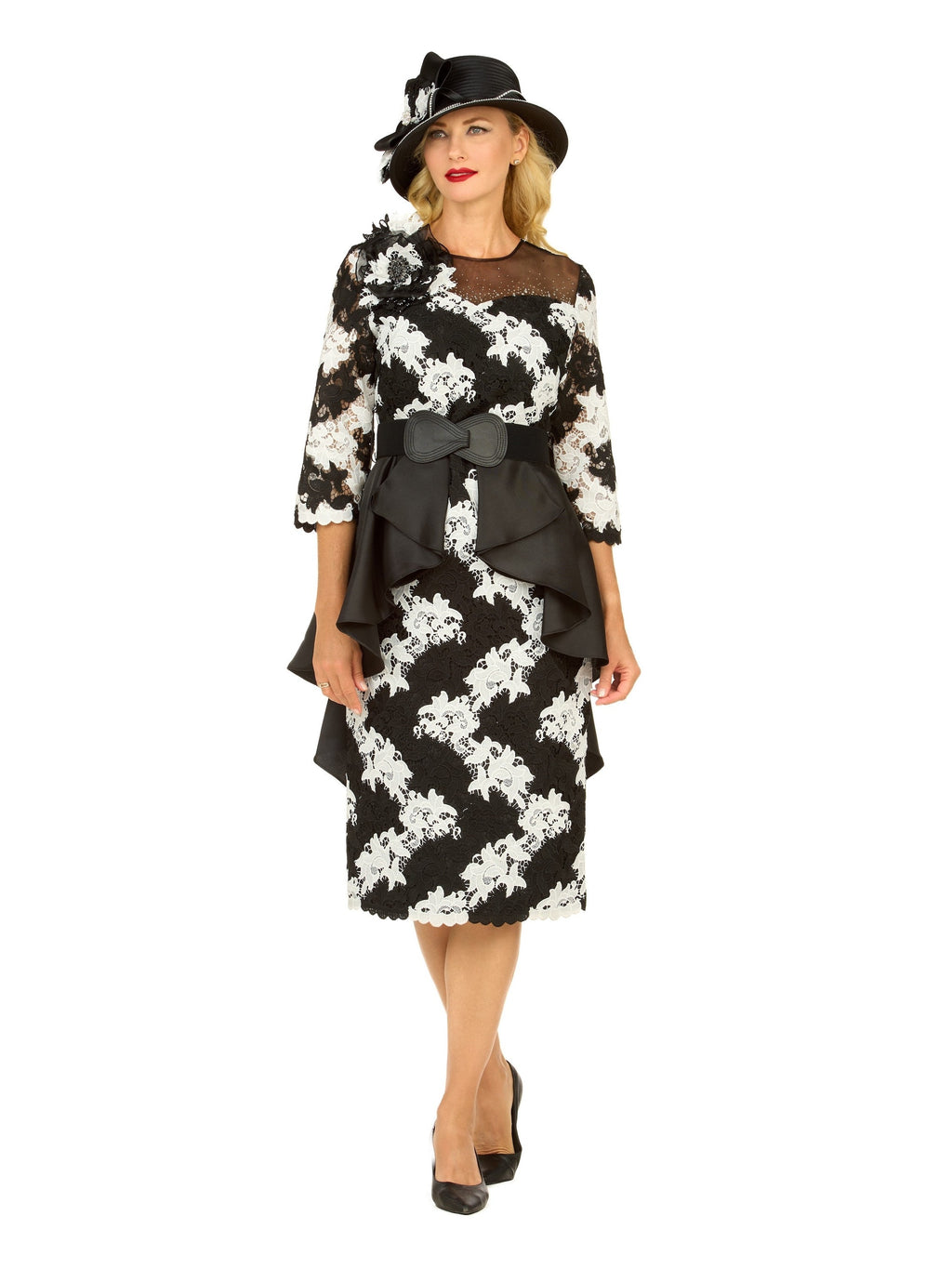 Two-Tone Lace Midi Dress w/ Ruffle Peplum&Belt
