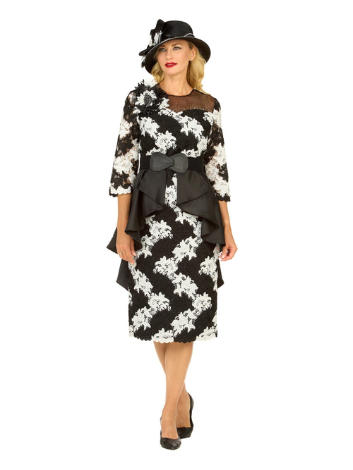 Two-Tone Lace Midi Dress w/ Ruffle Peplum&Belt