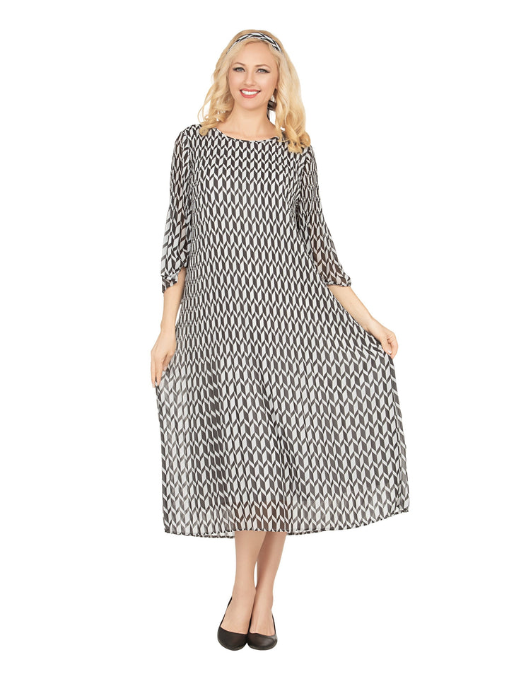 Art Deco Print Pleated Dress in Chiffon