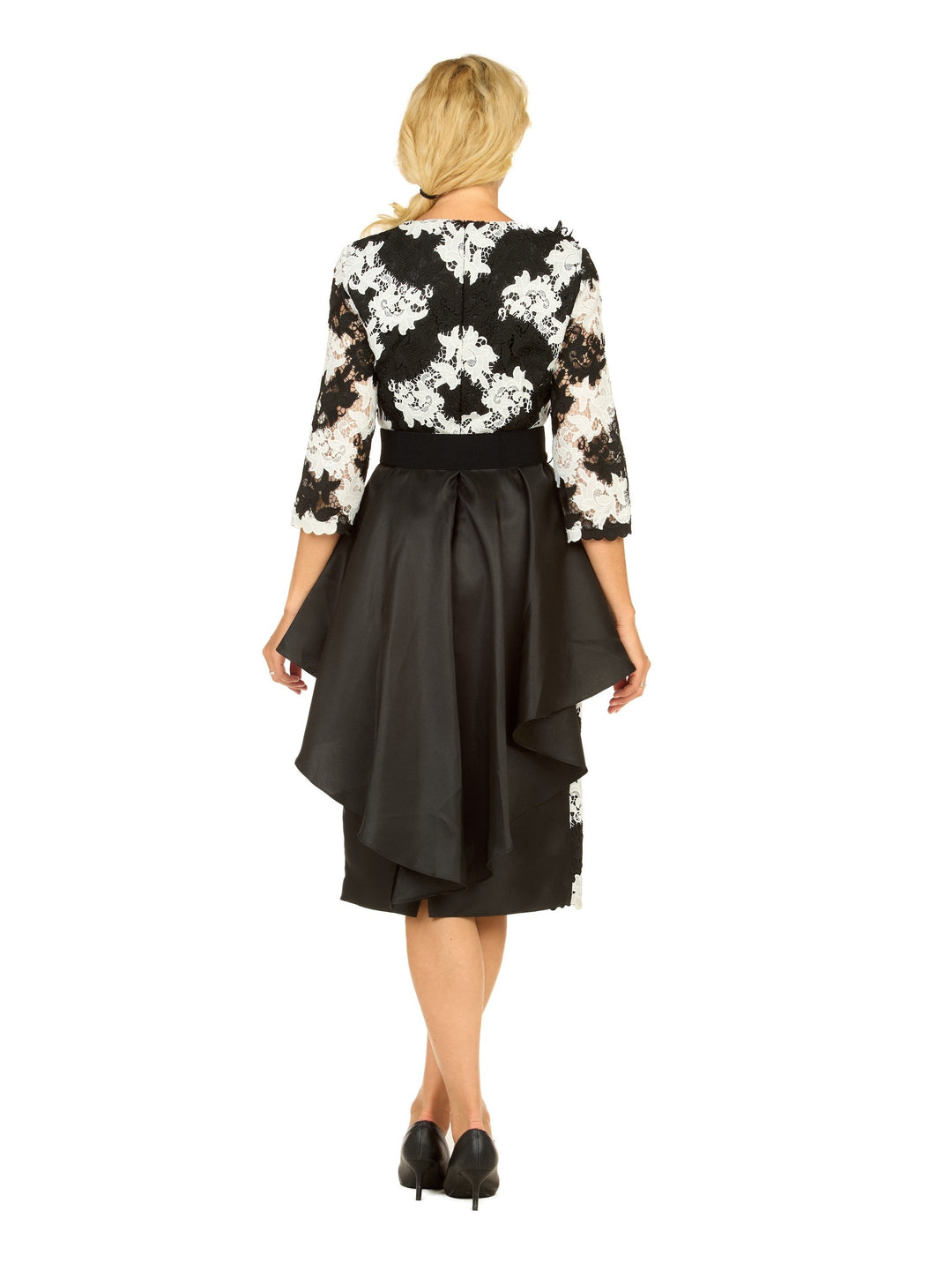 Two-Tone Lace Midi Dress w/ Ruffle Peplum&Belt