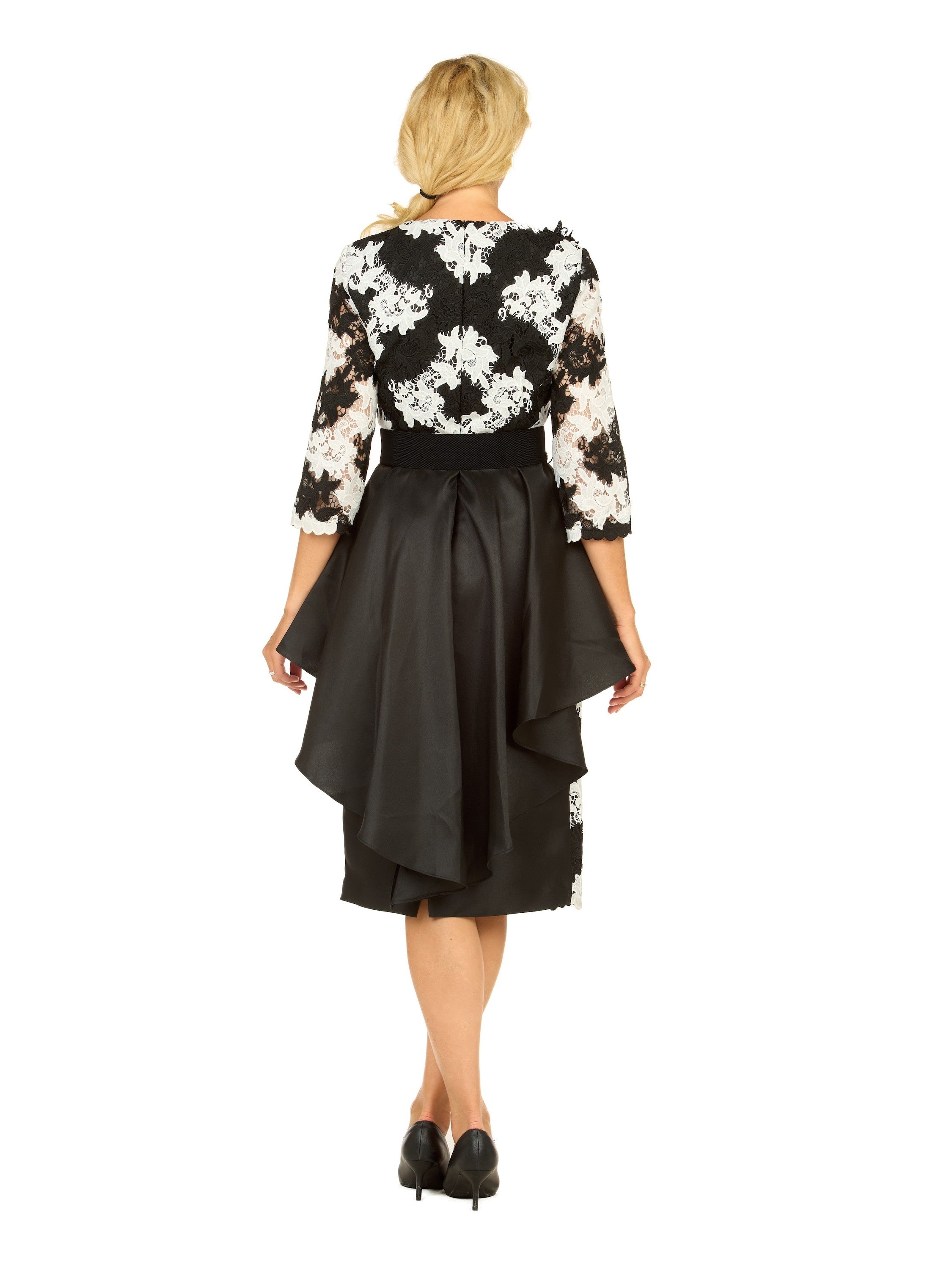 Two-Tone Lace Midi Dress w/ Ruffle Peplum&Belt
