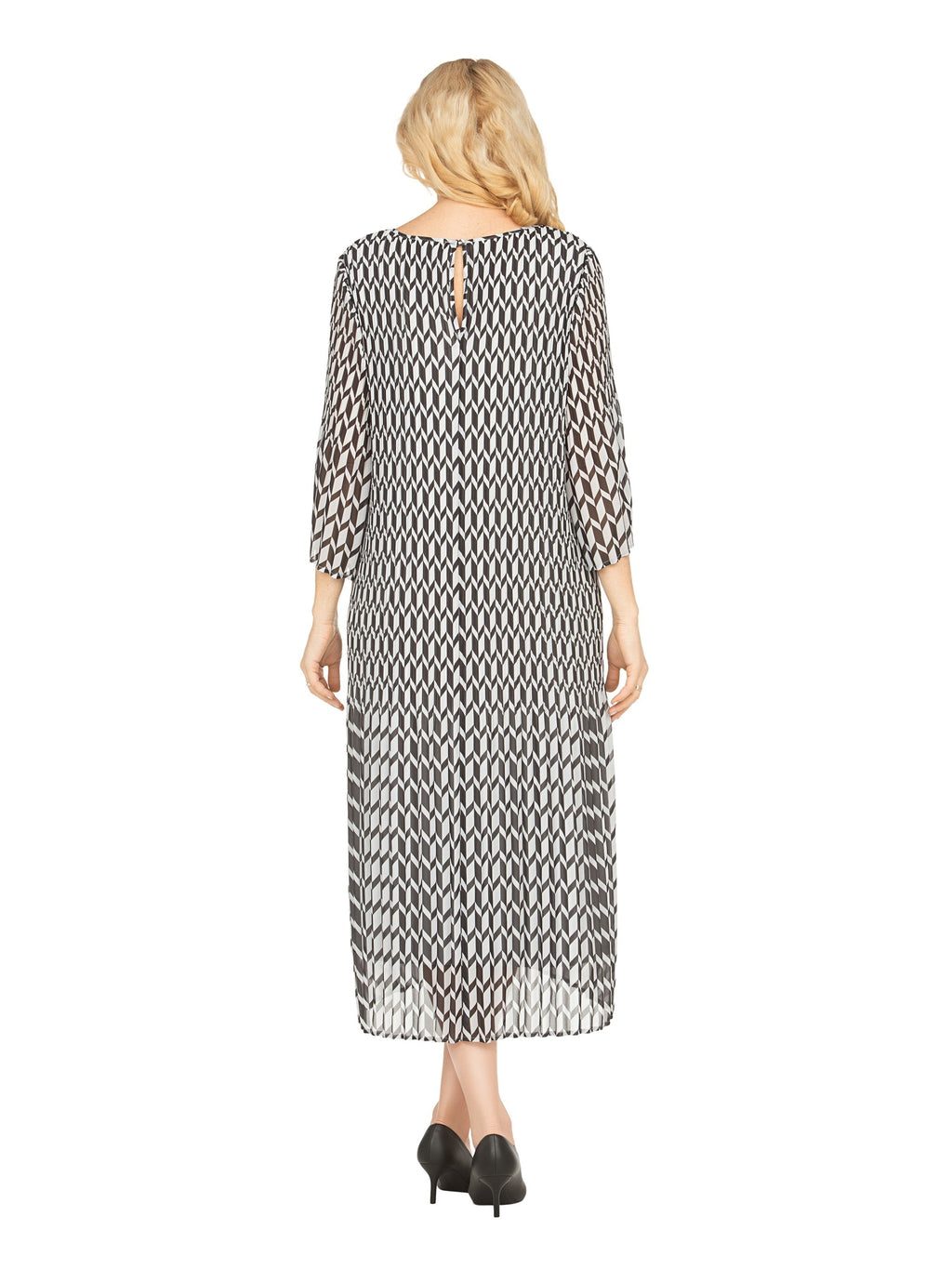 Art Deco Print Pleated Dress in Chiffon