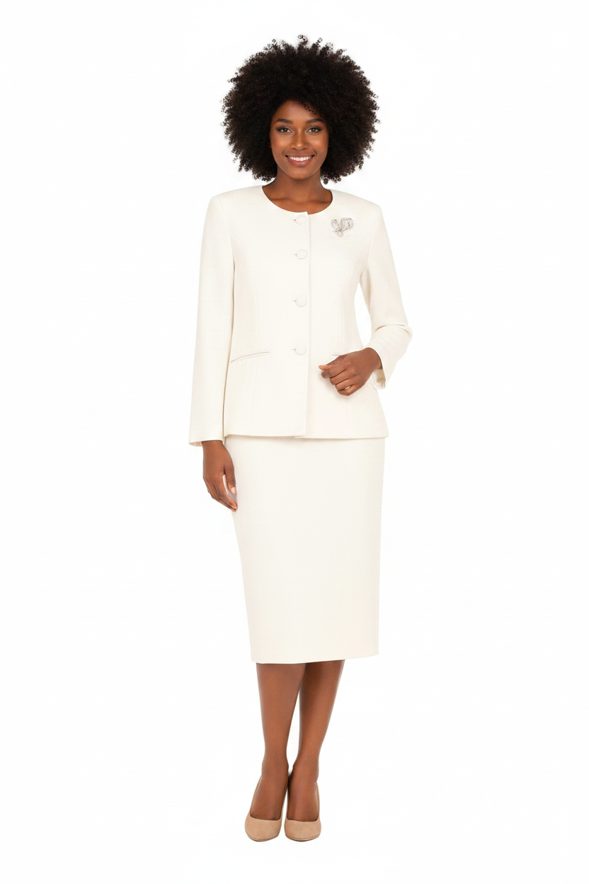 Afrocentric Woman in Off-White Skirt Suit