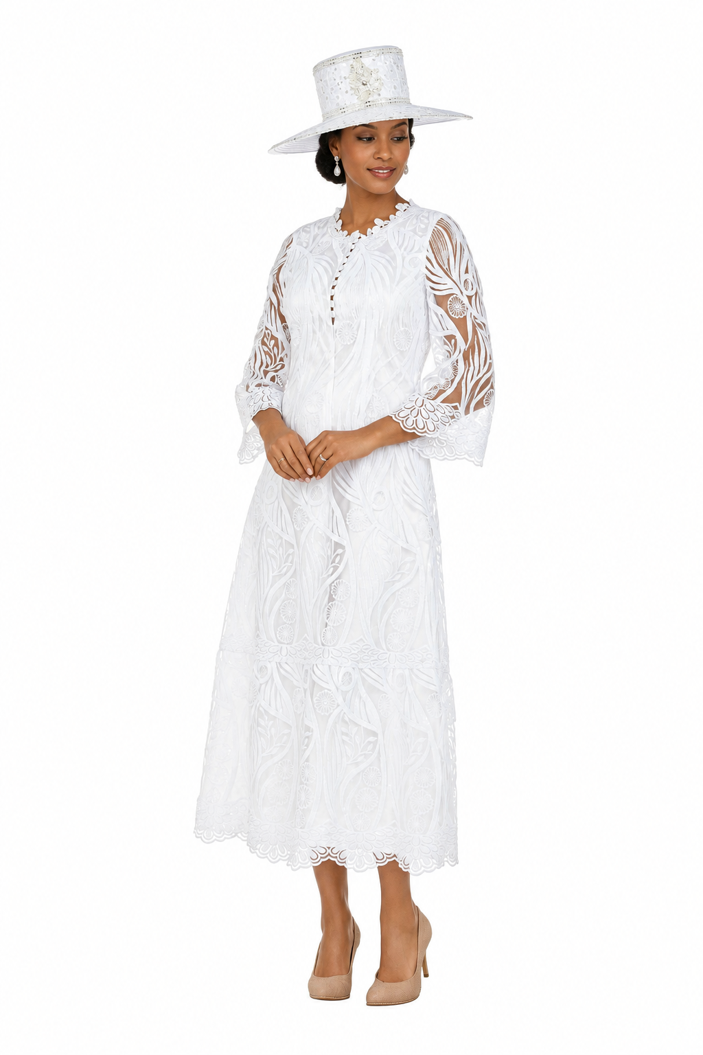 Vintage-Inspired Embroidered Lace Midi Dress-Plus