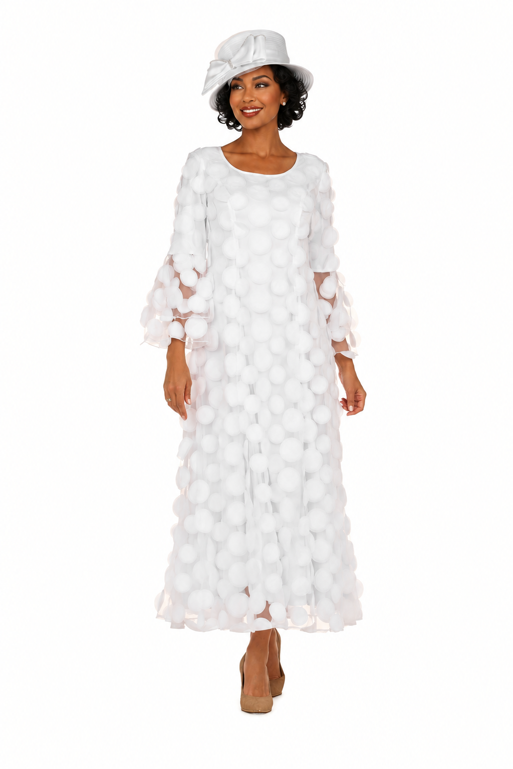 Elegant 3D Dot Mesh Bell Sleeve Maxi Dress