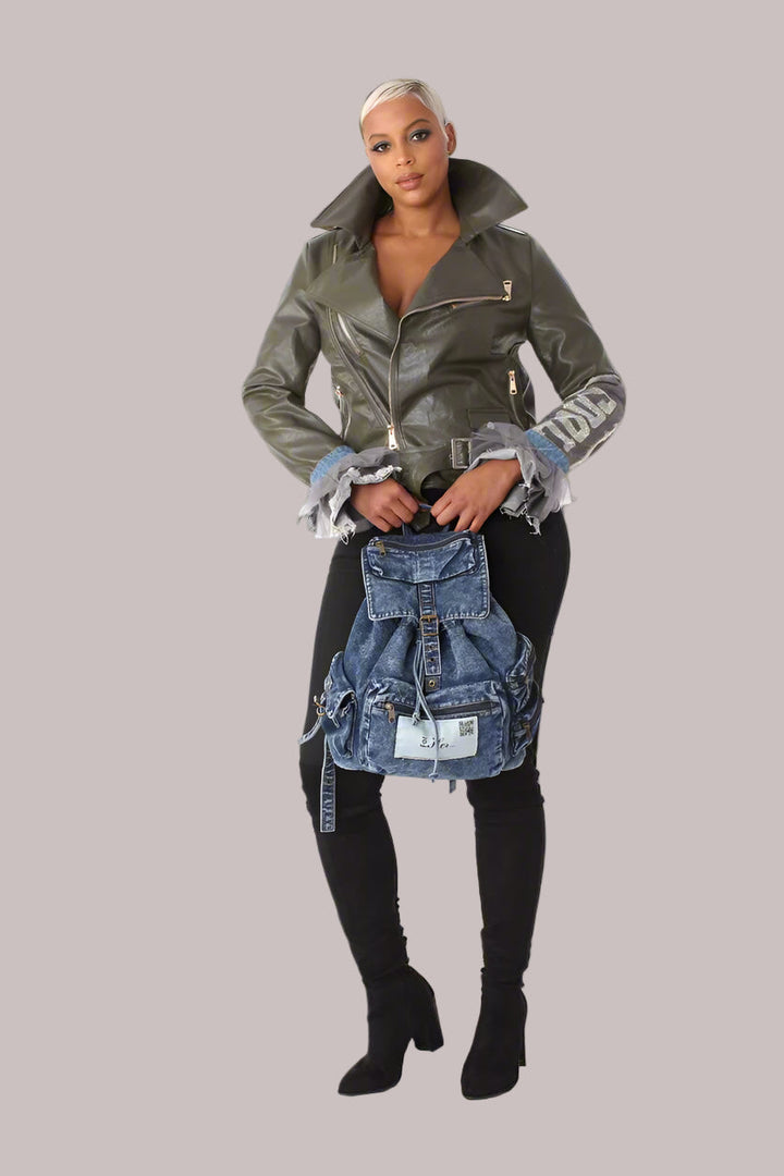 Leather Jacket with Denim Patchwork & Tulle Cuffs -81827
