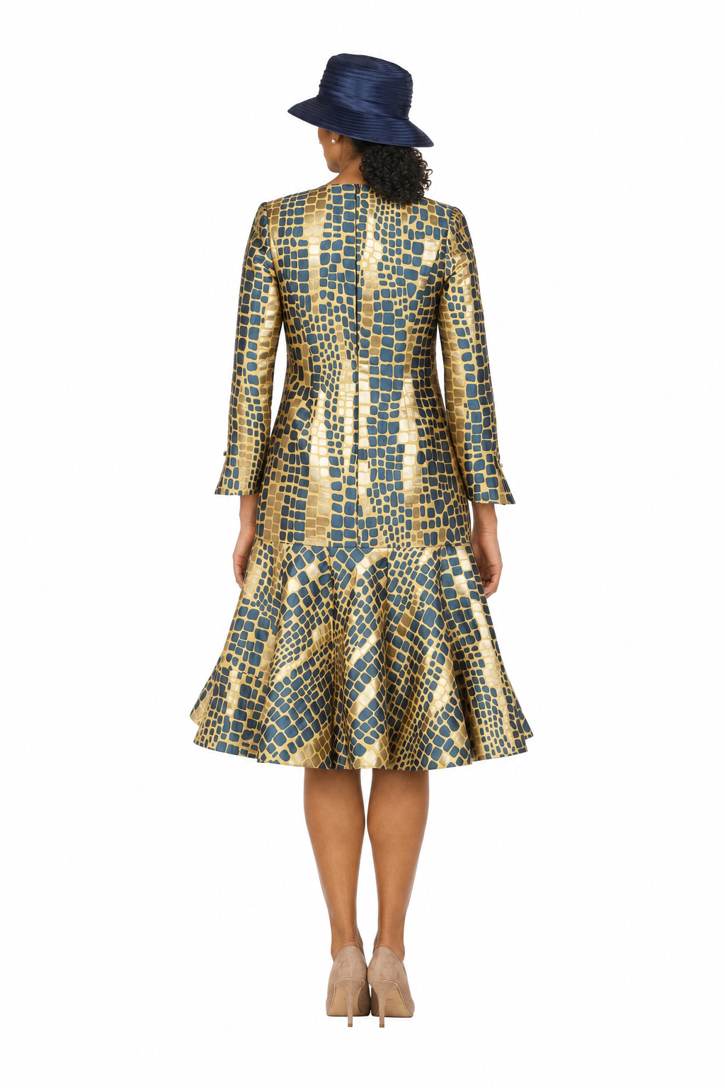 Metallic Mosaic Brocade Drop-Waist Flare Dress