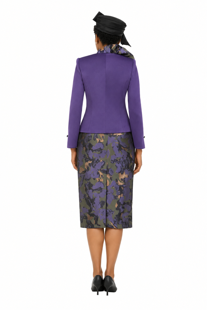 Purple Ruffle Jkt&Floral Brocade Skirt Suit-Plus