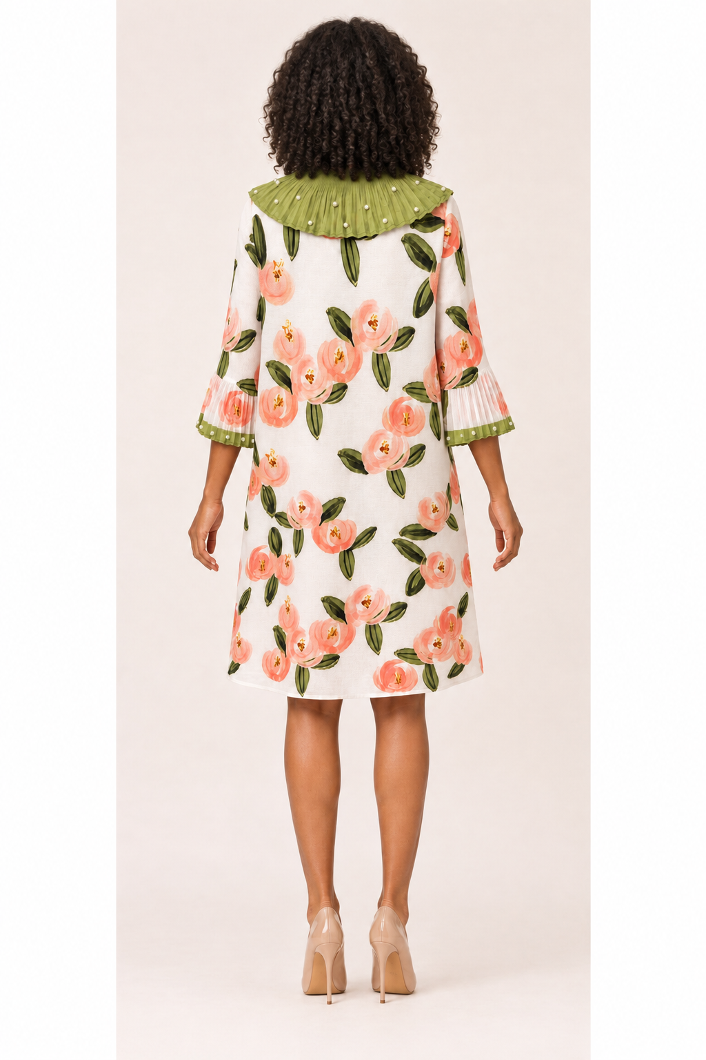 Pearl-Trim Pleated Collar Floral Print Mini Dress