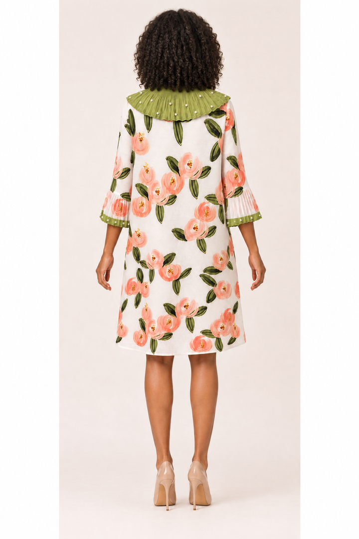Pearl-Trim Pleated Collar Floral Print Mini Dress