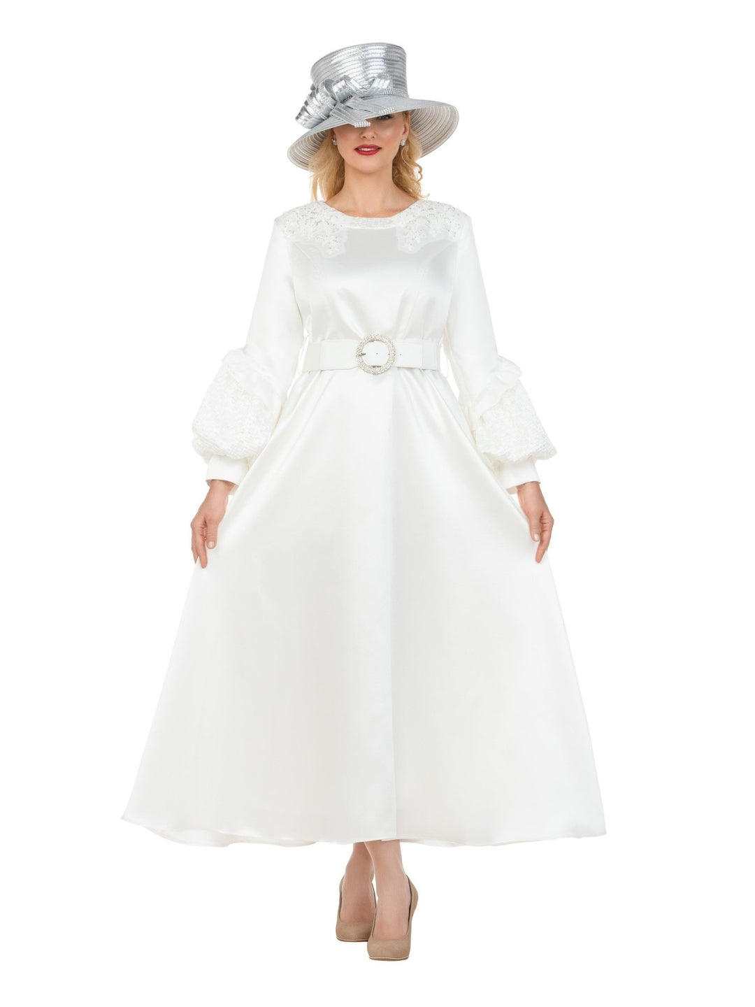 Belted A-line Dress w/ Beaded Embroidery - Krown Elle