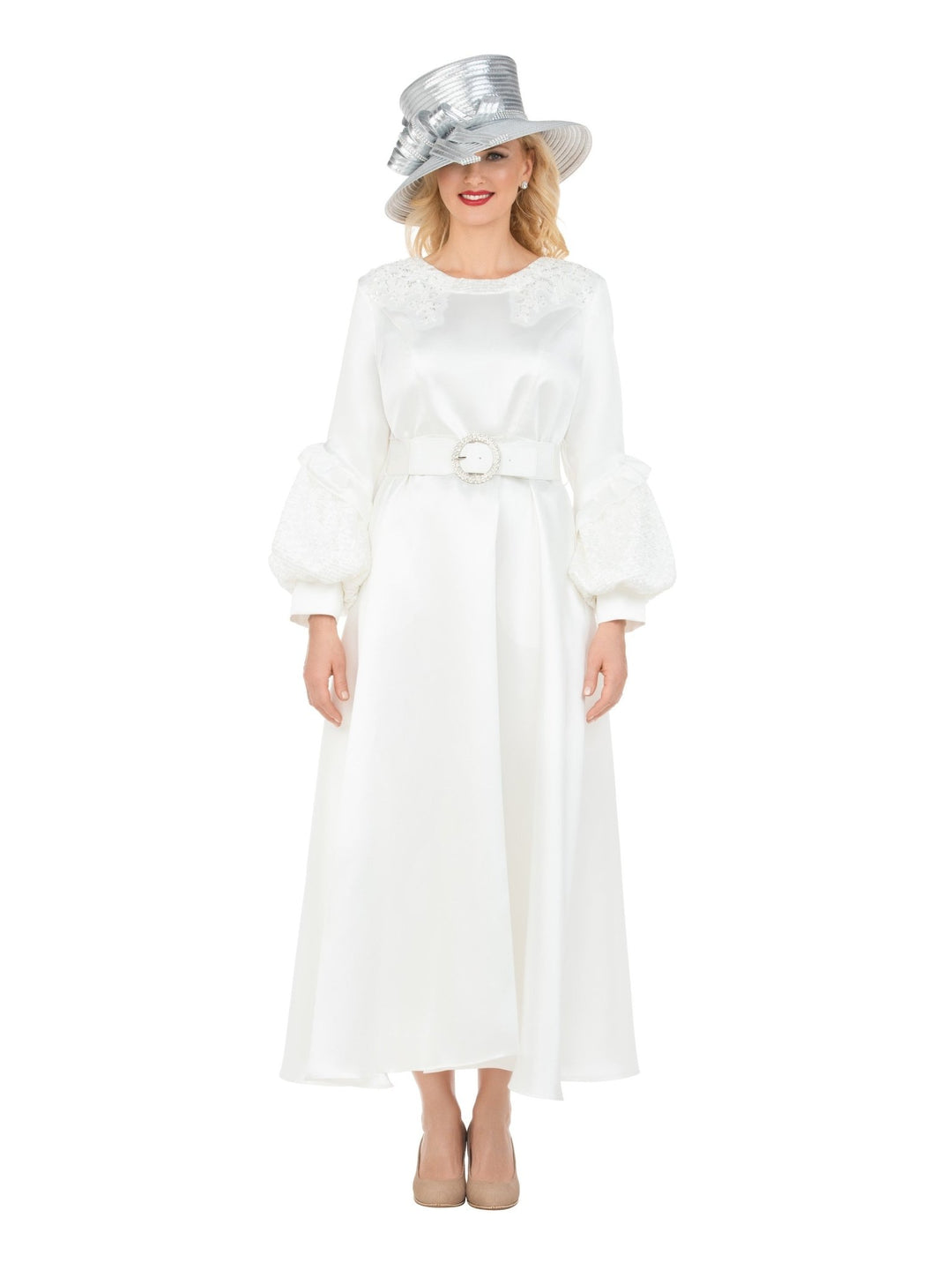 Belted A-line Dress w/ Beaded Embroidery - Krown Elle