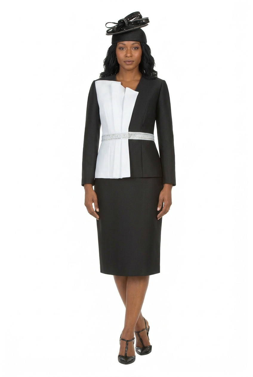 2pc Silky Twill Two-Tone Skt Suit w/ Rhinestones