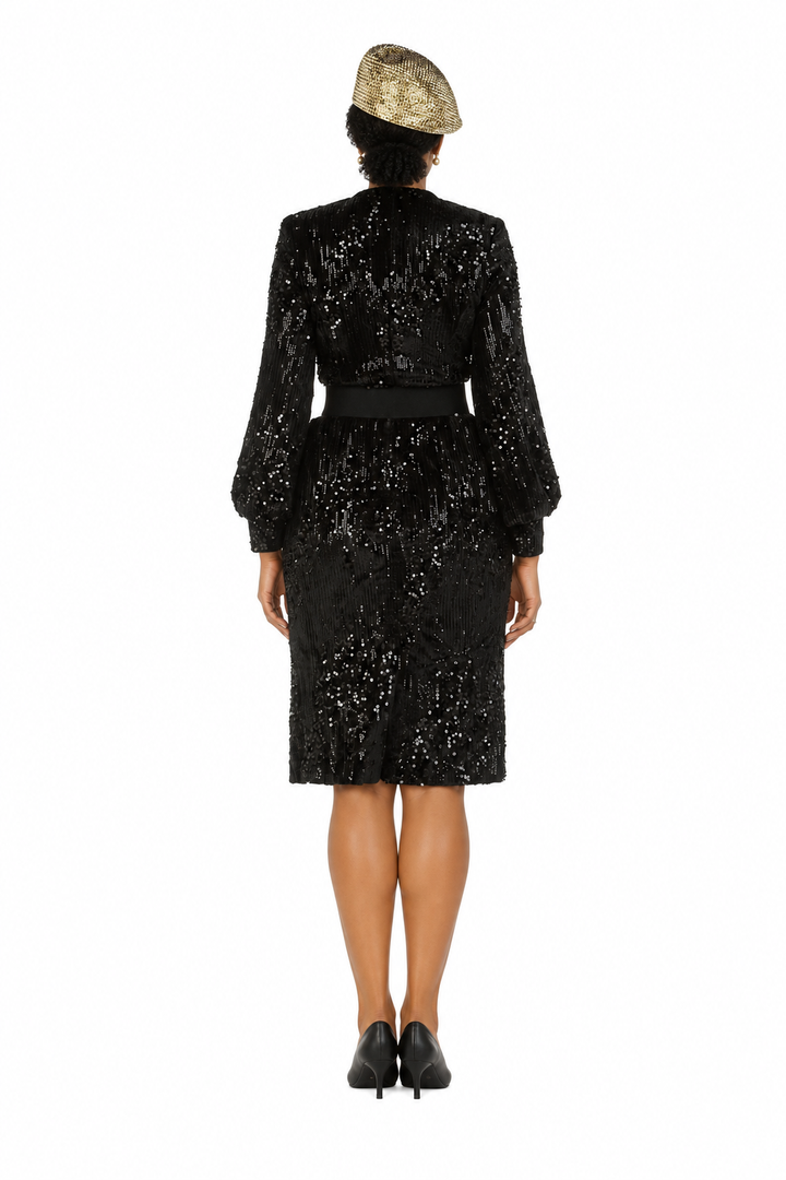 Belted Balloon Slv Shift Drs in Sequined Velvet