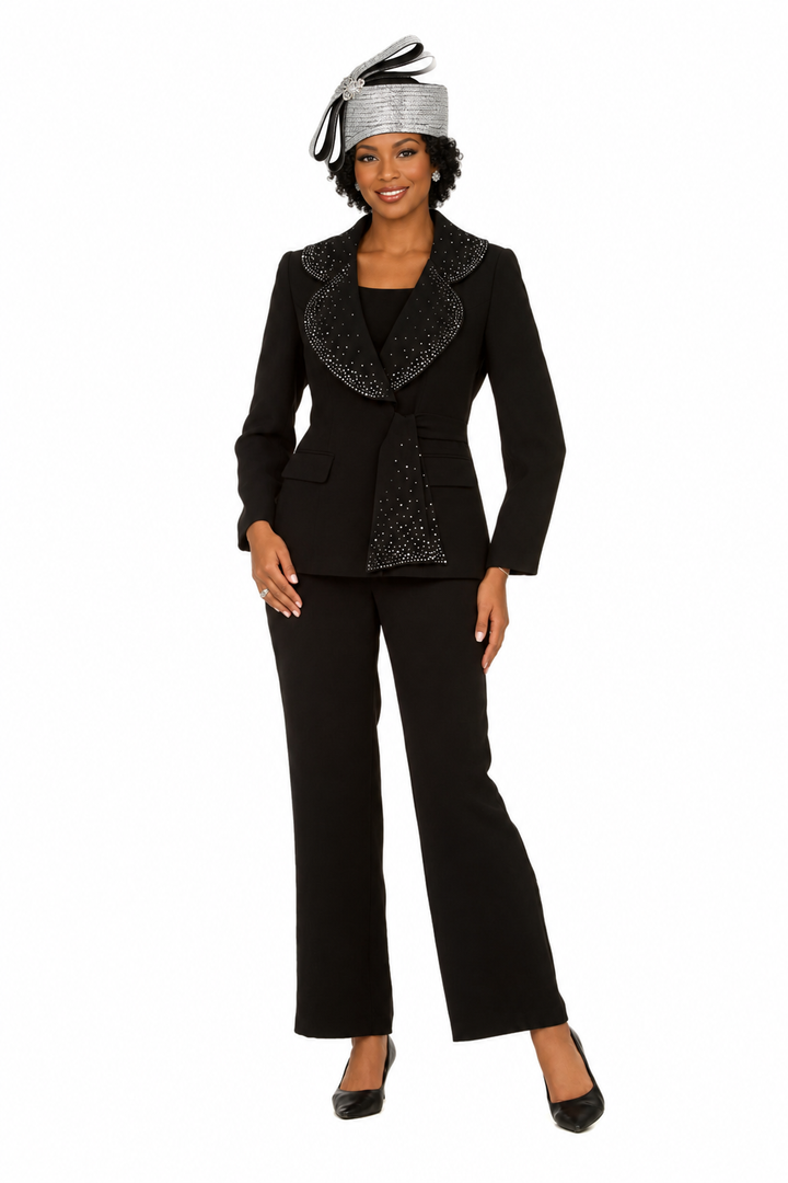 3pc Wide Collar Pants Suit with Rhinestone Detail