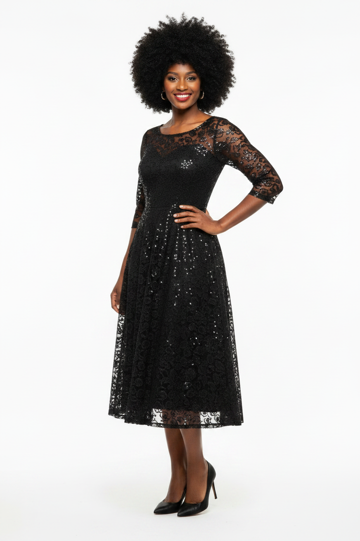 Black Sequined Lace A-line Dress – Alternative Pose
