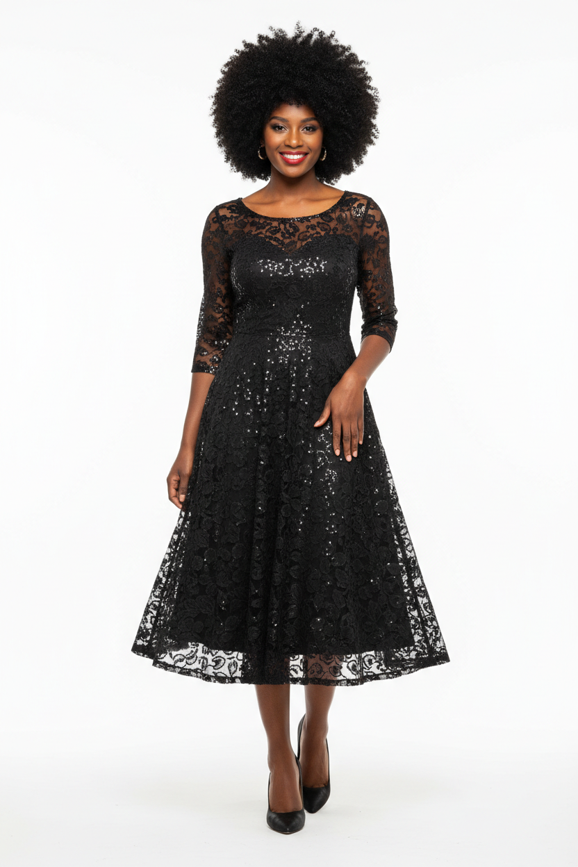 Black Sequined Lace A-line Dress – New Model