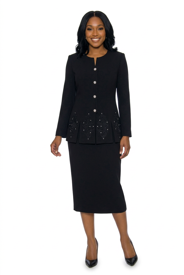 2pc Skirt Suit w/ Multi-Slit Embroidered Jacket