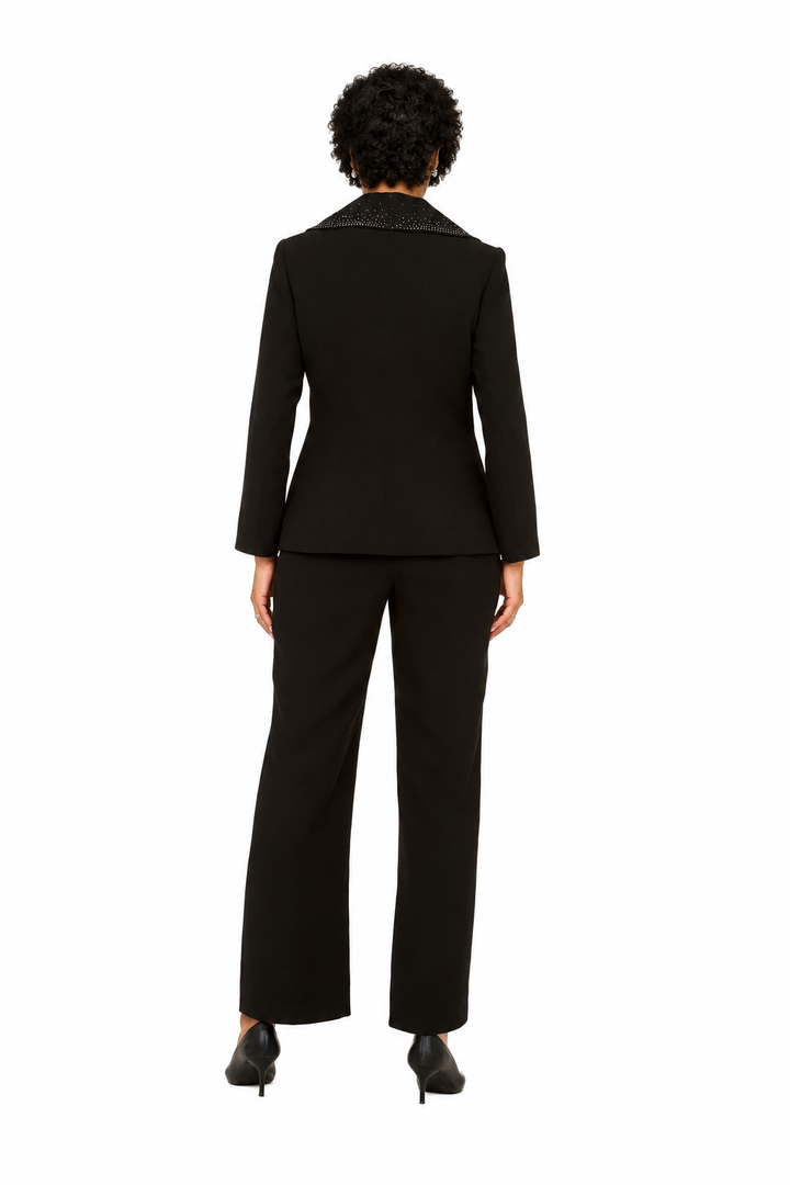 3pc Wide Collar Pants Suit with Rhinestone Detail