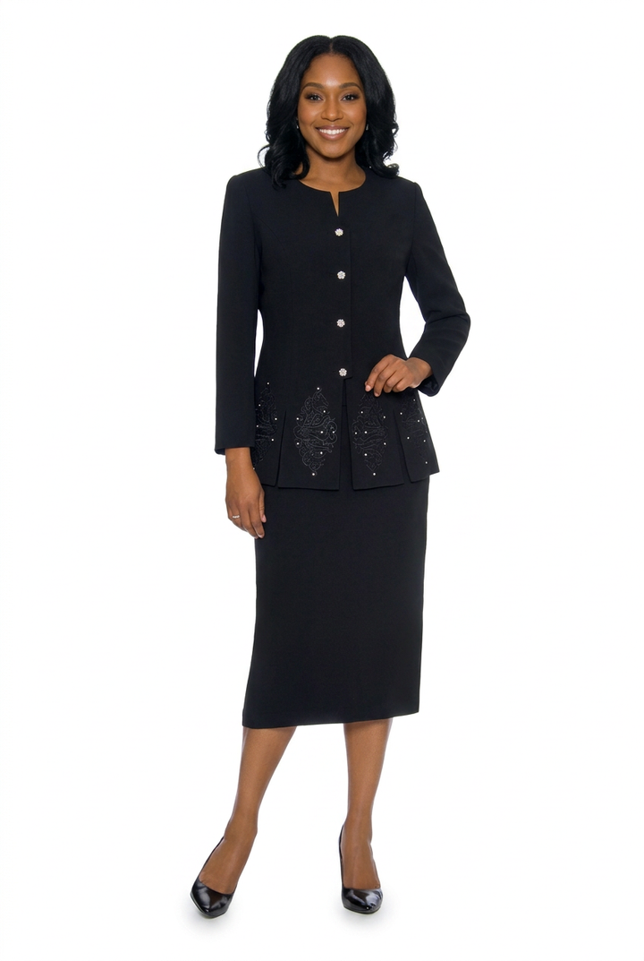 2pc Skirt Suit w/ Multi-Slit Embroidered Jacket