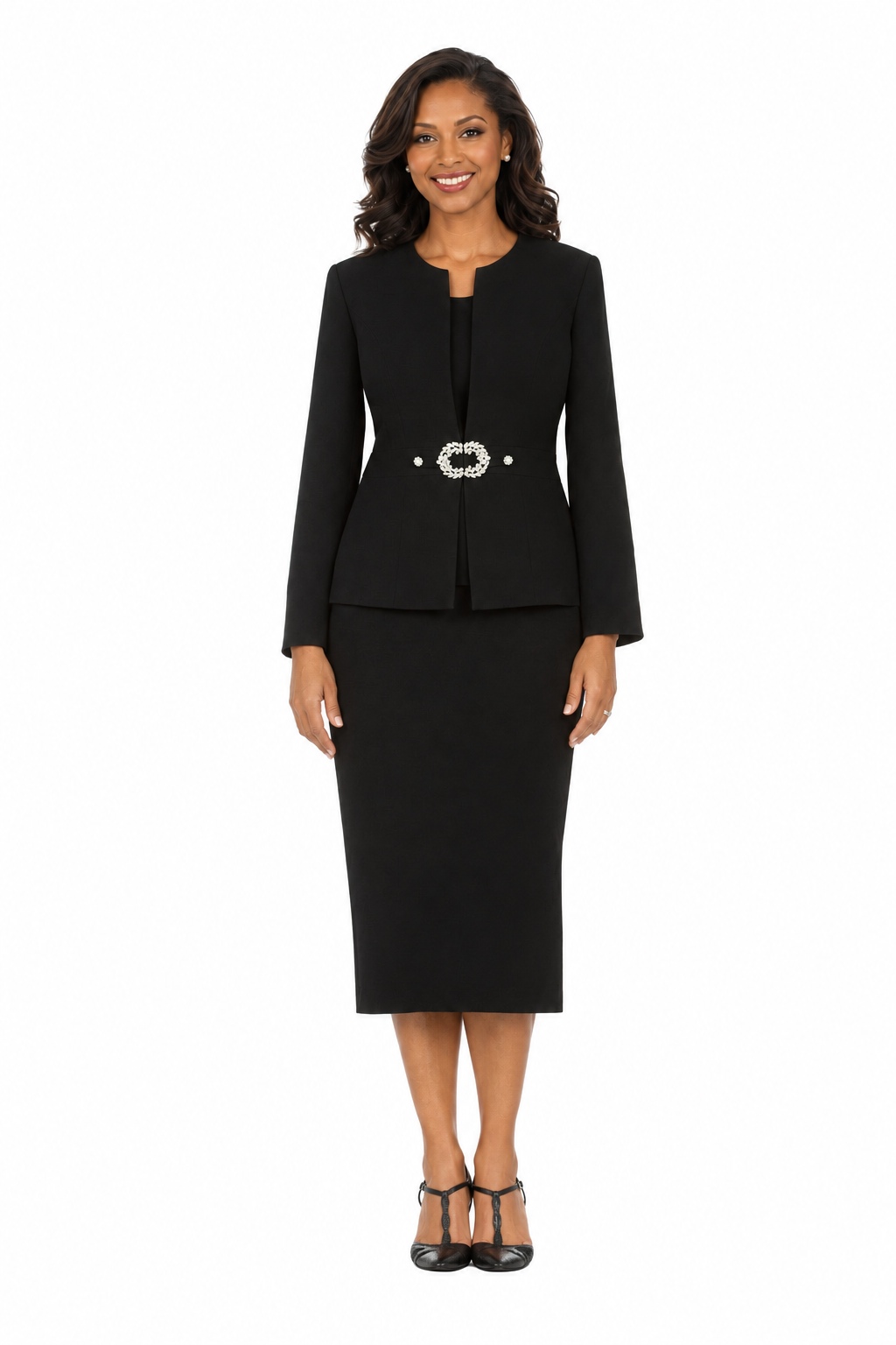 3pc Collarless Rhinestone Buckle Skirt Suit - Plus