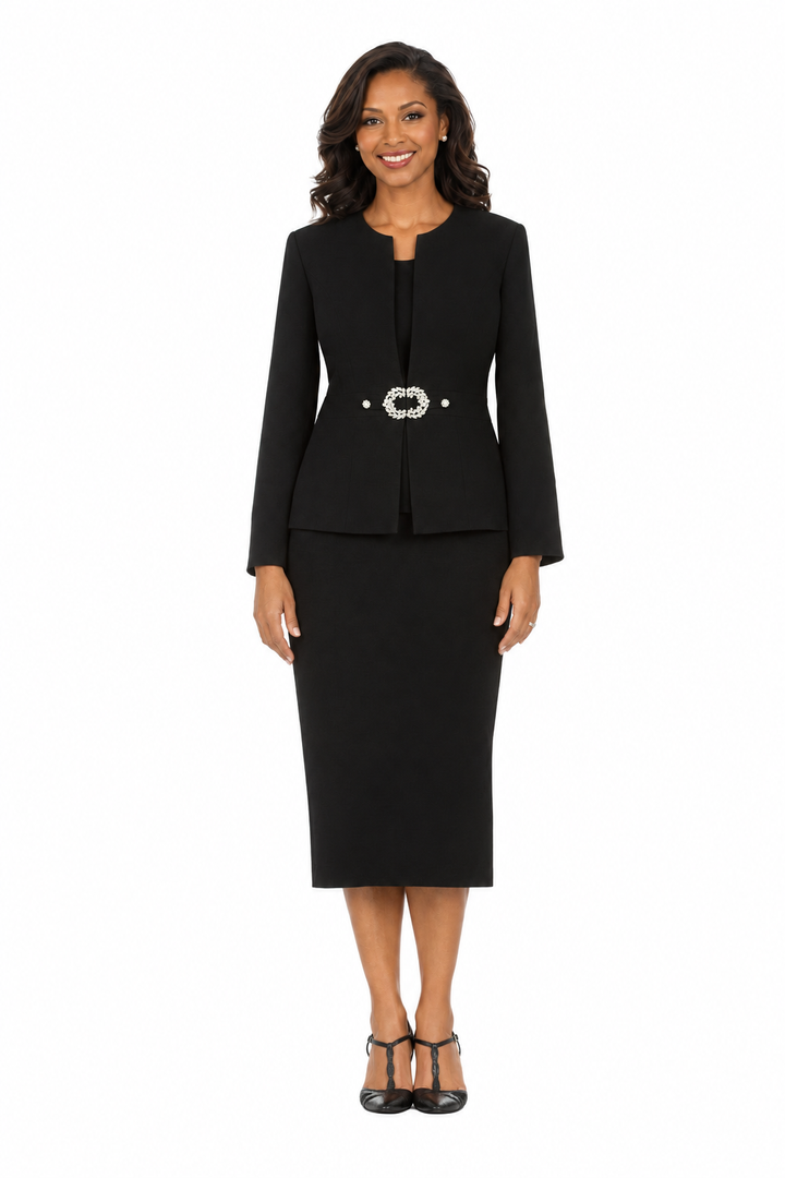 3pc Collarless Rhinestone Buckle Skirt Suit - Plus