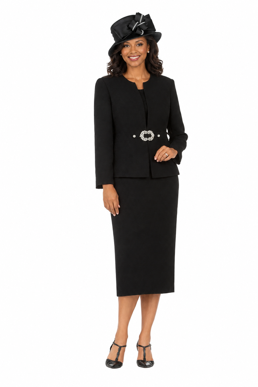 3pc Collarless Rhinestone Buckle Skirt Suit