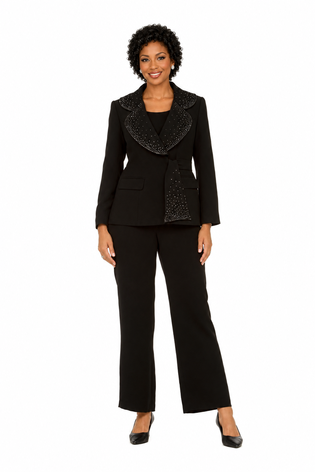 3pc Wide Collar Pants Suit with Rhinestone Detail