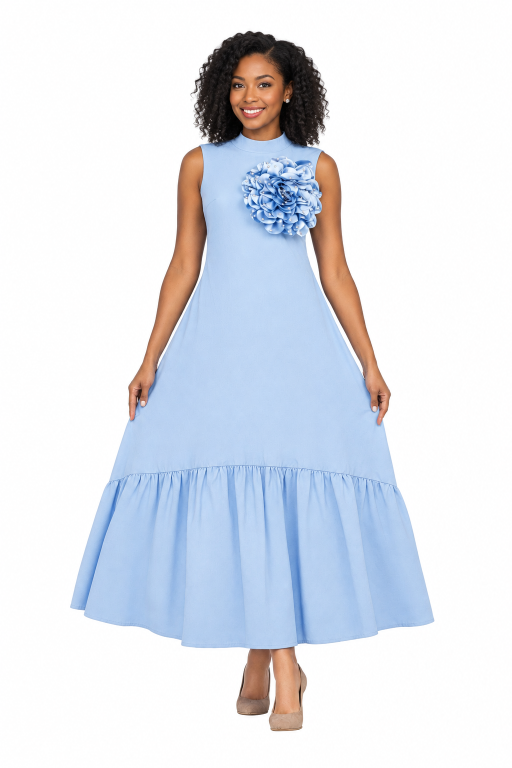 Luxury Flare Dress with Handcrafted Floral Detail