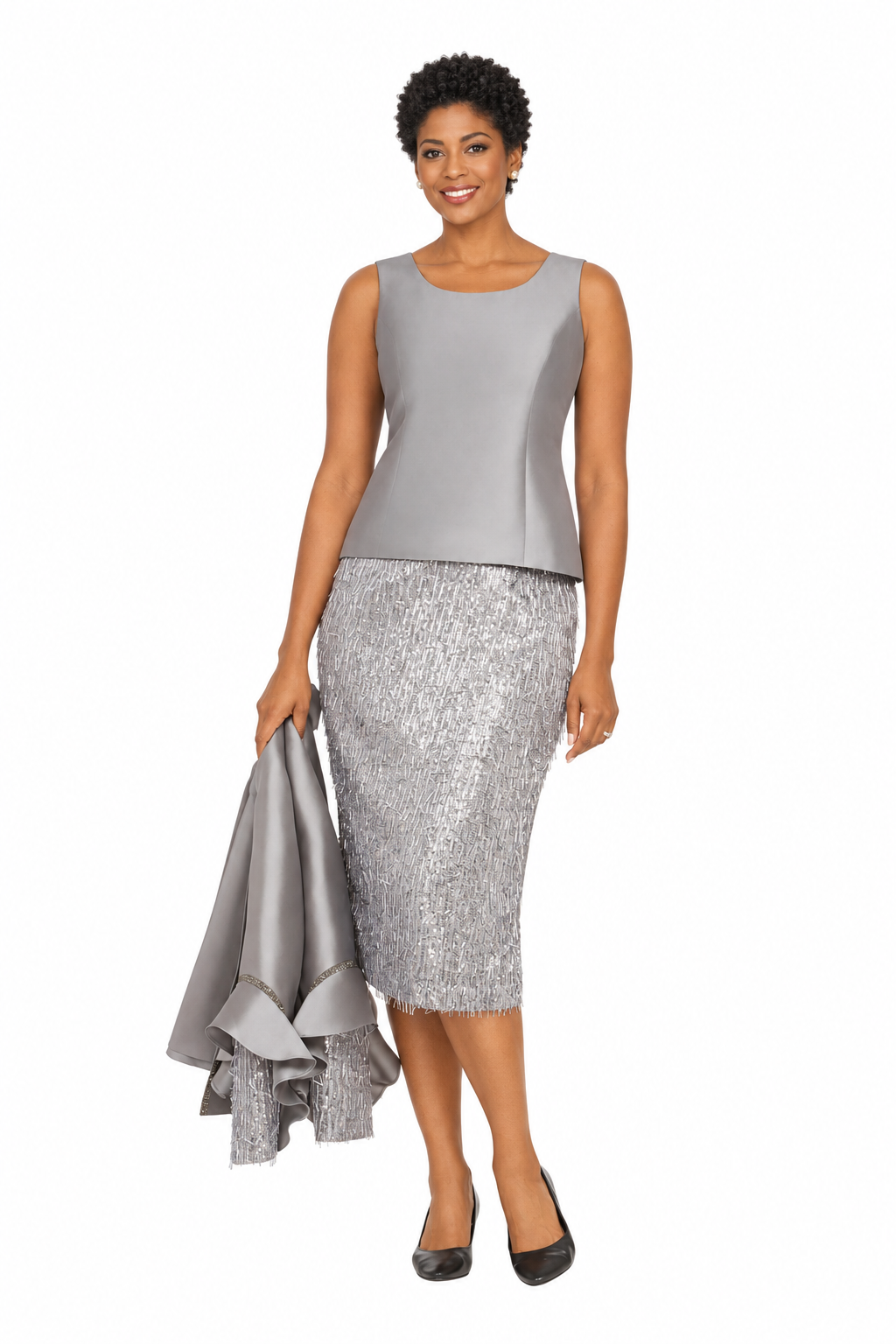 3pc Ruffle-Cuff Jkt, Cami&Fringe Pencil Skirt Suit
