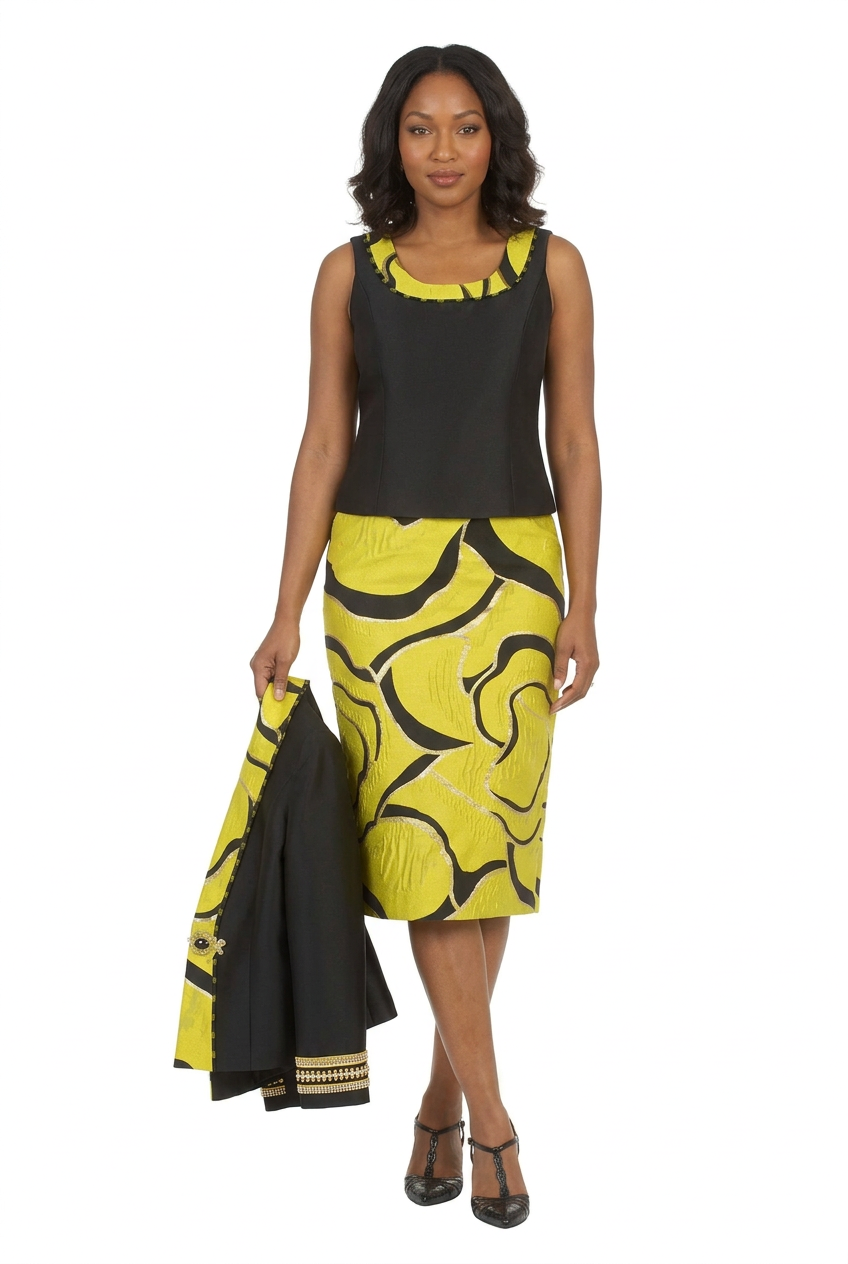 3pc Brocade+Silky Twill Skirt Suit w/ Beads-Plus
