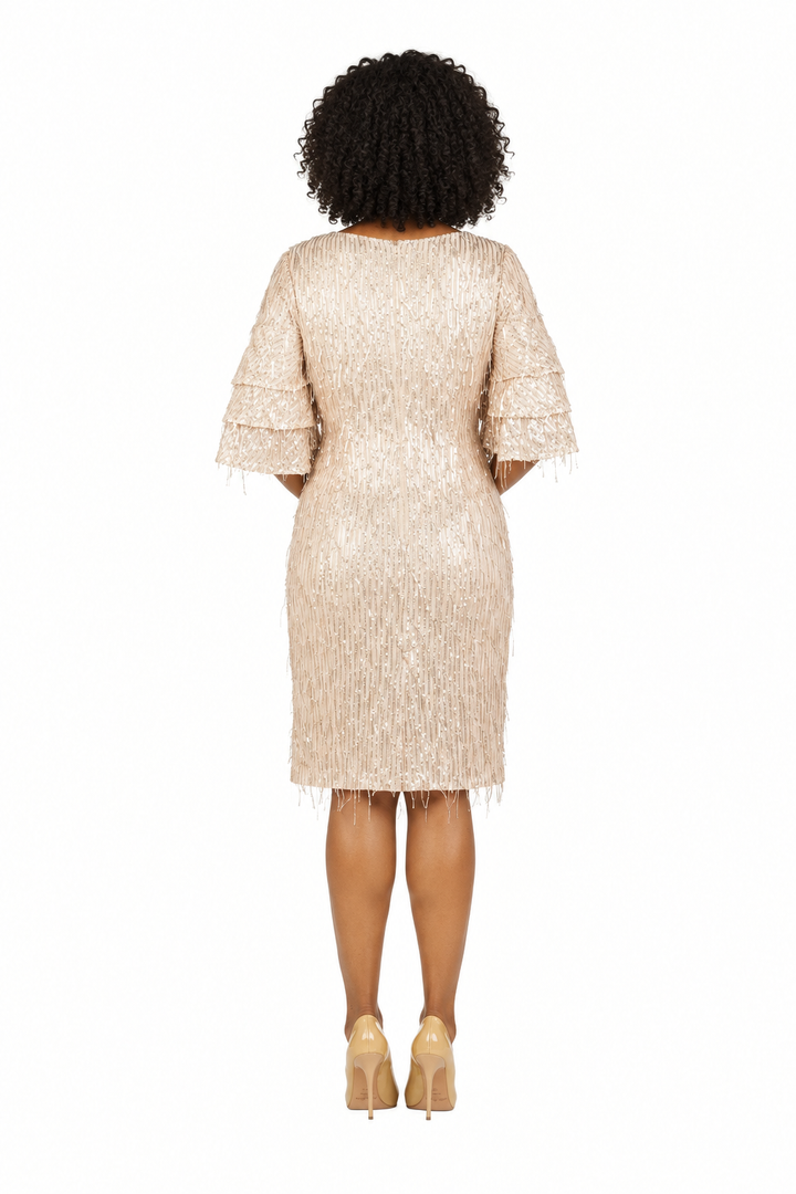 Ruffled Slv Sequins Decor Shift Dress