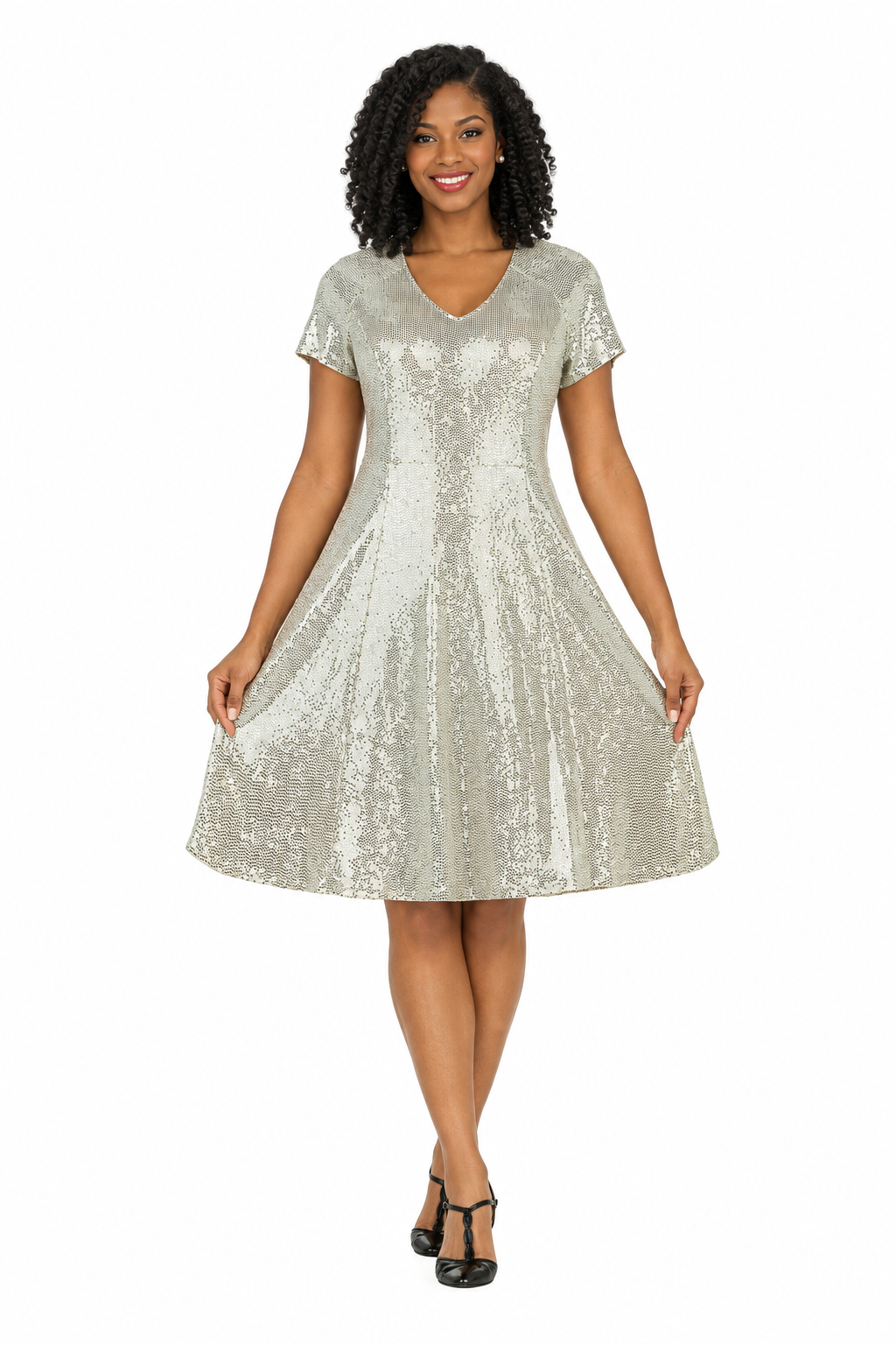 Short Sleeve V-neck Sequins Fit-and-Flare Dress
