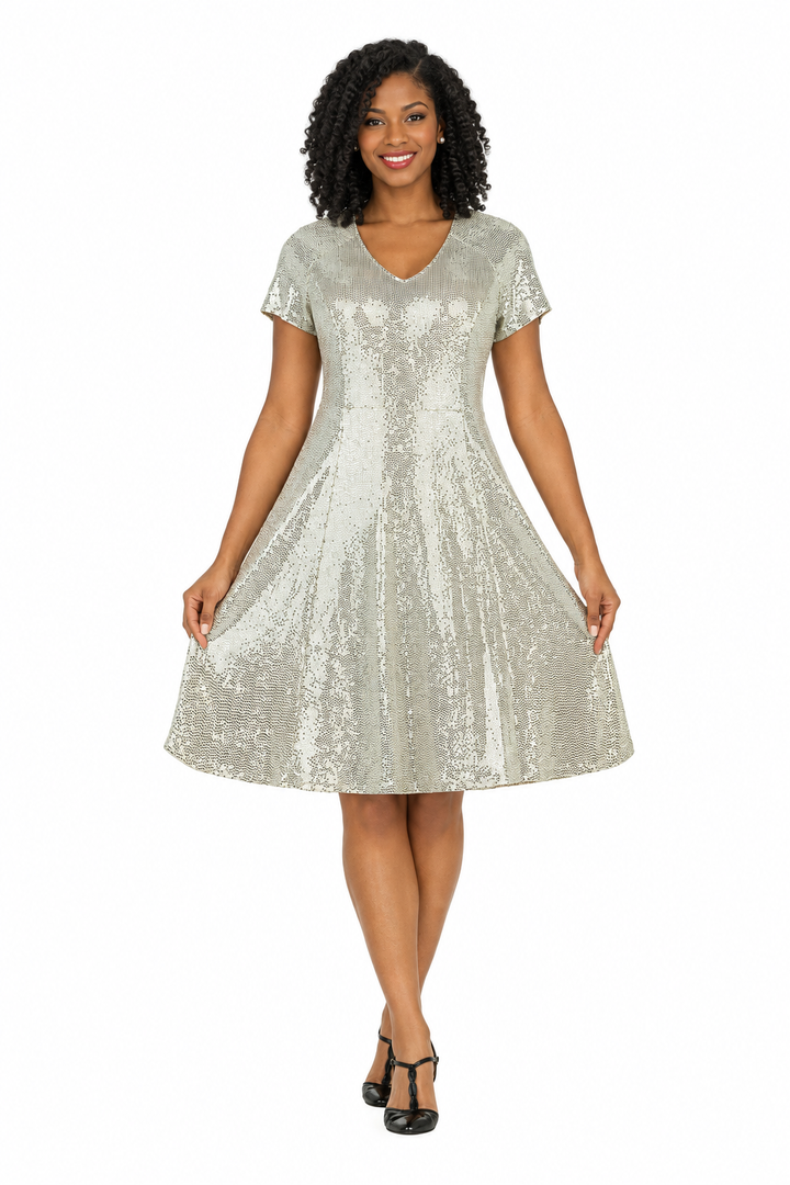 Short Sleeve V-neck Sequins Fit-and-Flare Dress