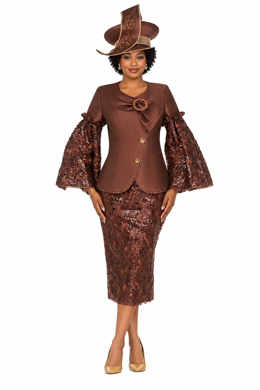 2pc Bell Slv Sequined Lace&Silky Twill Skirt Suit