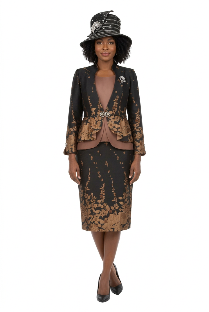 3pc Floral Print Brocade Peplum Jkt Skt Suit
