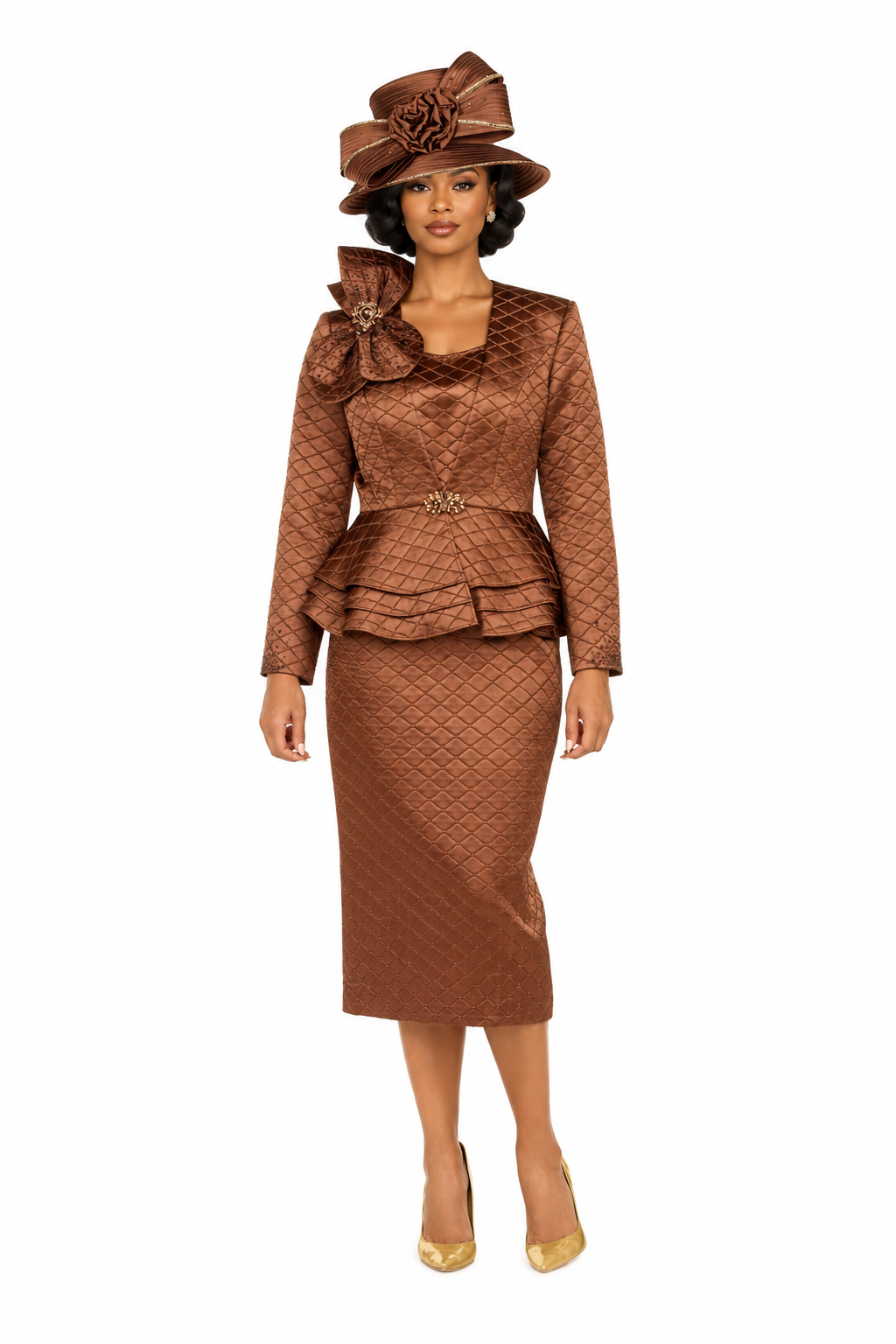 3pc Quilted Peplum Skirt Suit with Brooch