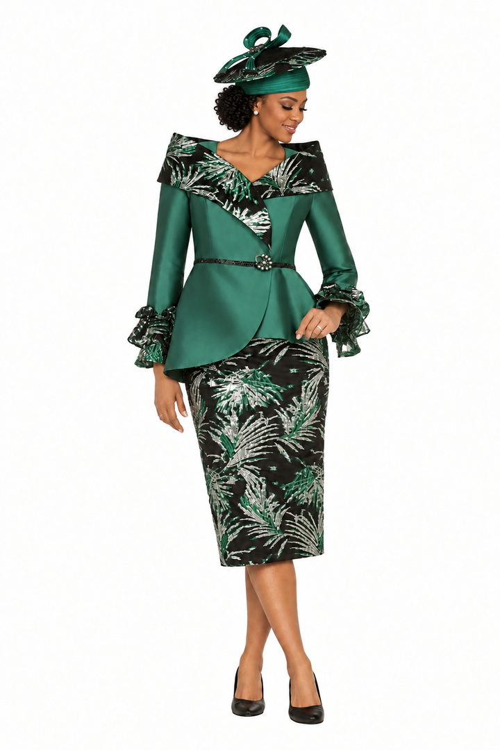 2pc Silky Twill&Jacquard Combo Skirt Suit-Plus