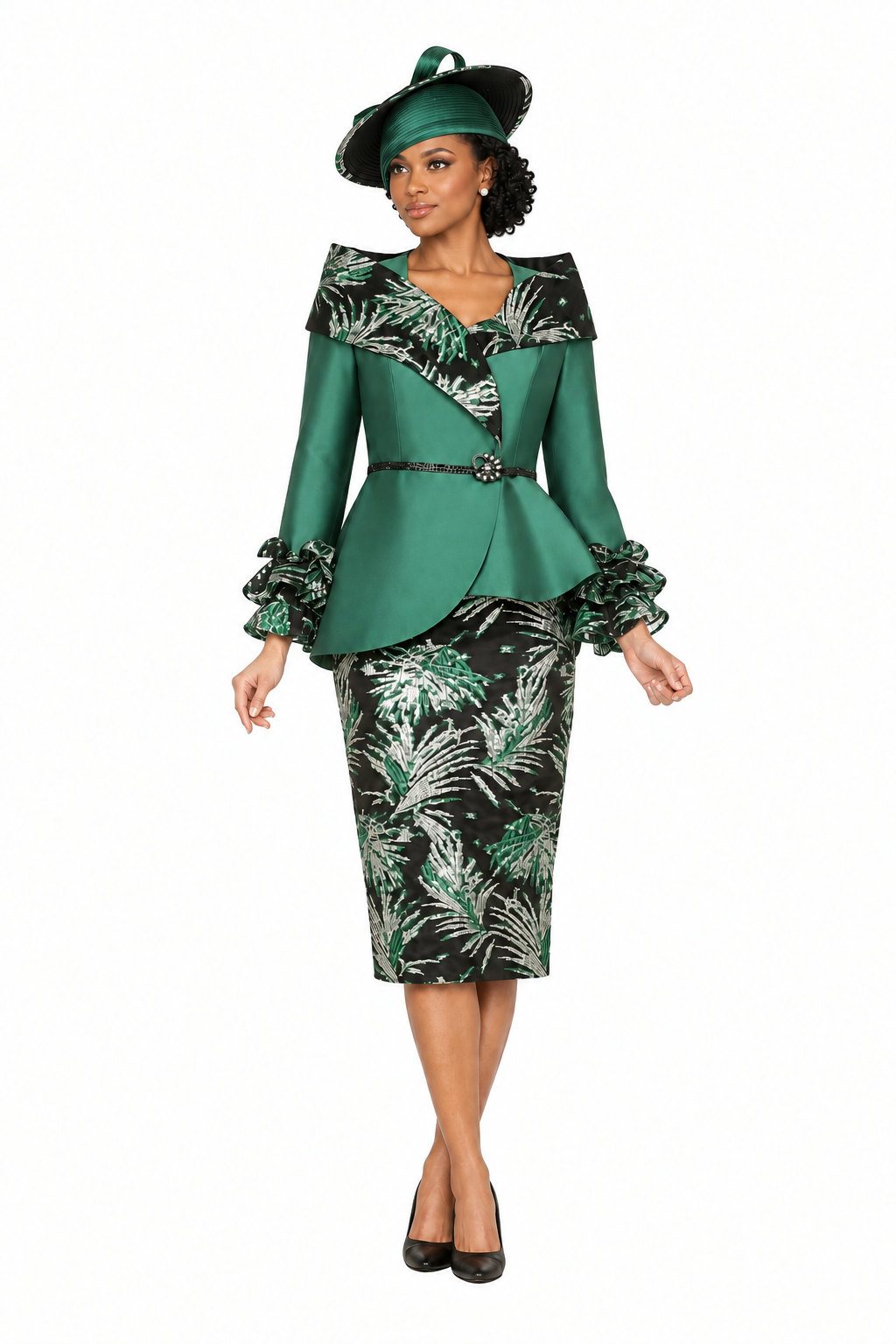 2pc Silky Twill&Jacquard Combo Skirt Suit-Plus