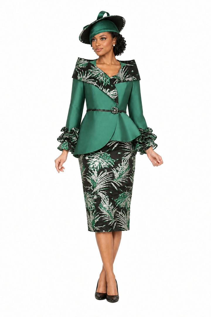 2pc Silky Twill&Jacquard Combo Skirt Suit-Plus