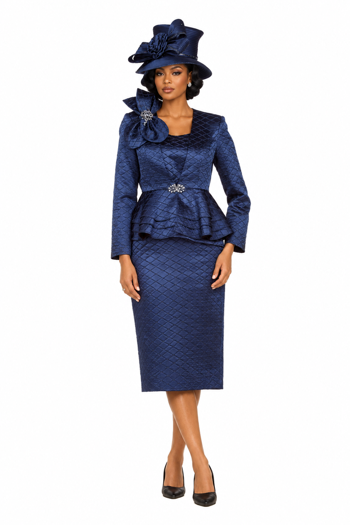 3pc Quilted Peplum Skirt Suit with Brooch-Plus
