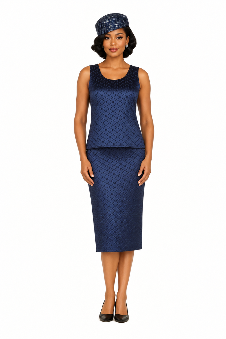 3pc Quilted Peplum Skirt Suit with Brooch