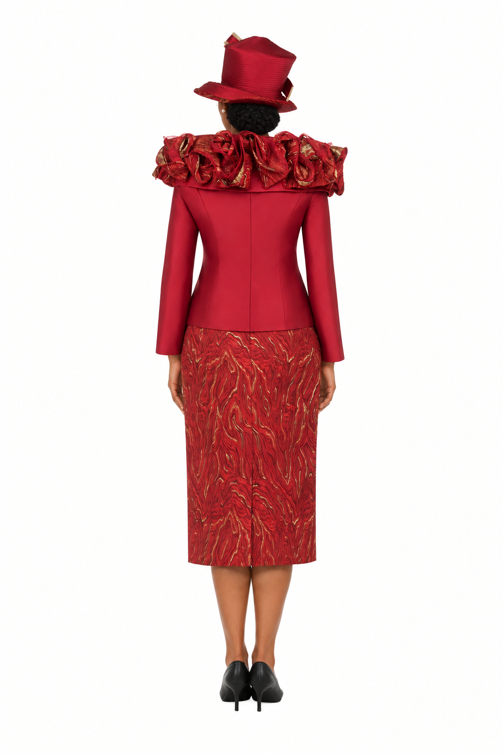 Brocade Rosette Collar 2pc Skirt Suit