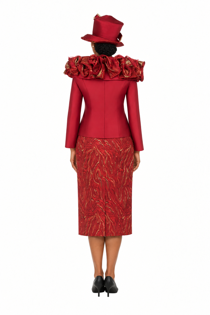 Brocade Rosette Collar 2pc Skirt Suit