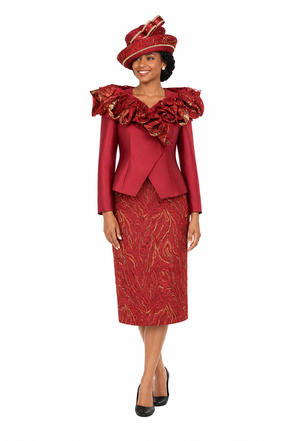 Brocade Rosette Collar 2pc Skirt Suit