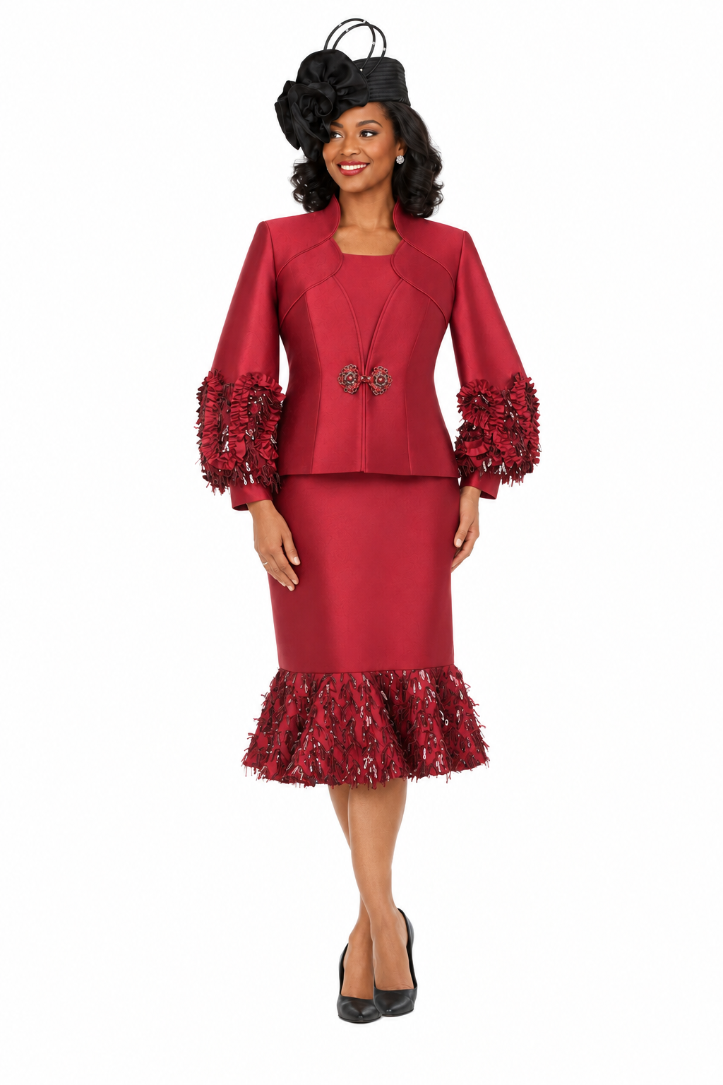 Silky Twill Sequin-Fringe 3pc Skirt Suit-Plus