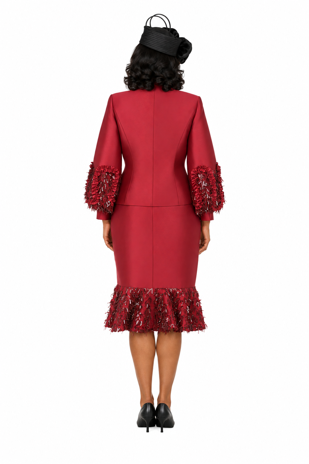 Silky Twill Sequin-Fringe 3pc Skirt Suit-Plus
